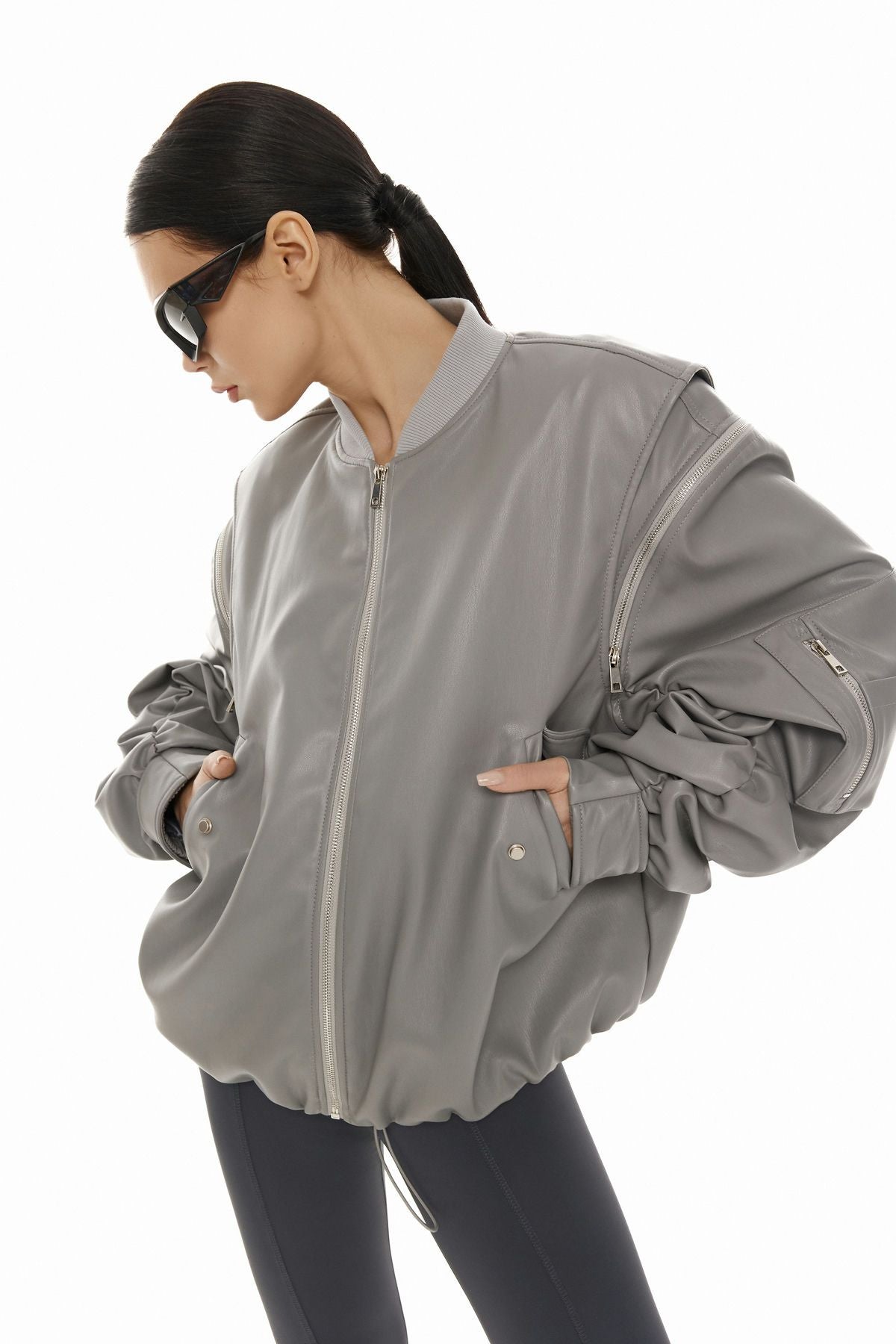 Grey eco-leather bomber jacket