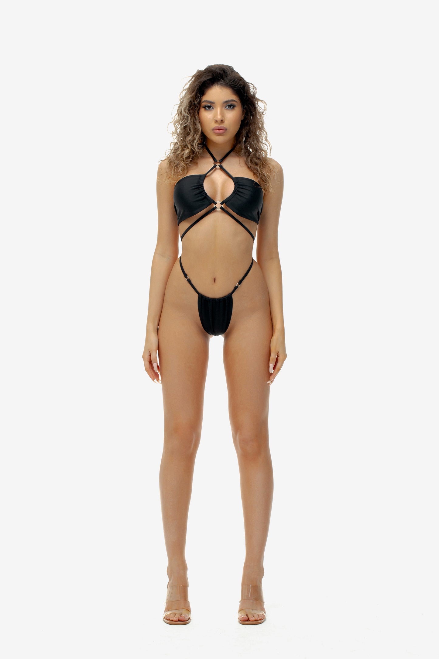 Black Swimsuit with Decorative Rings