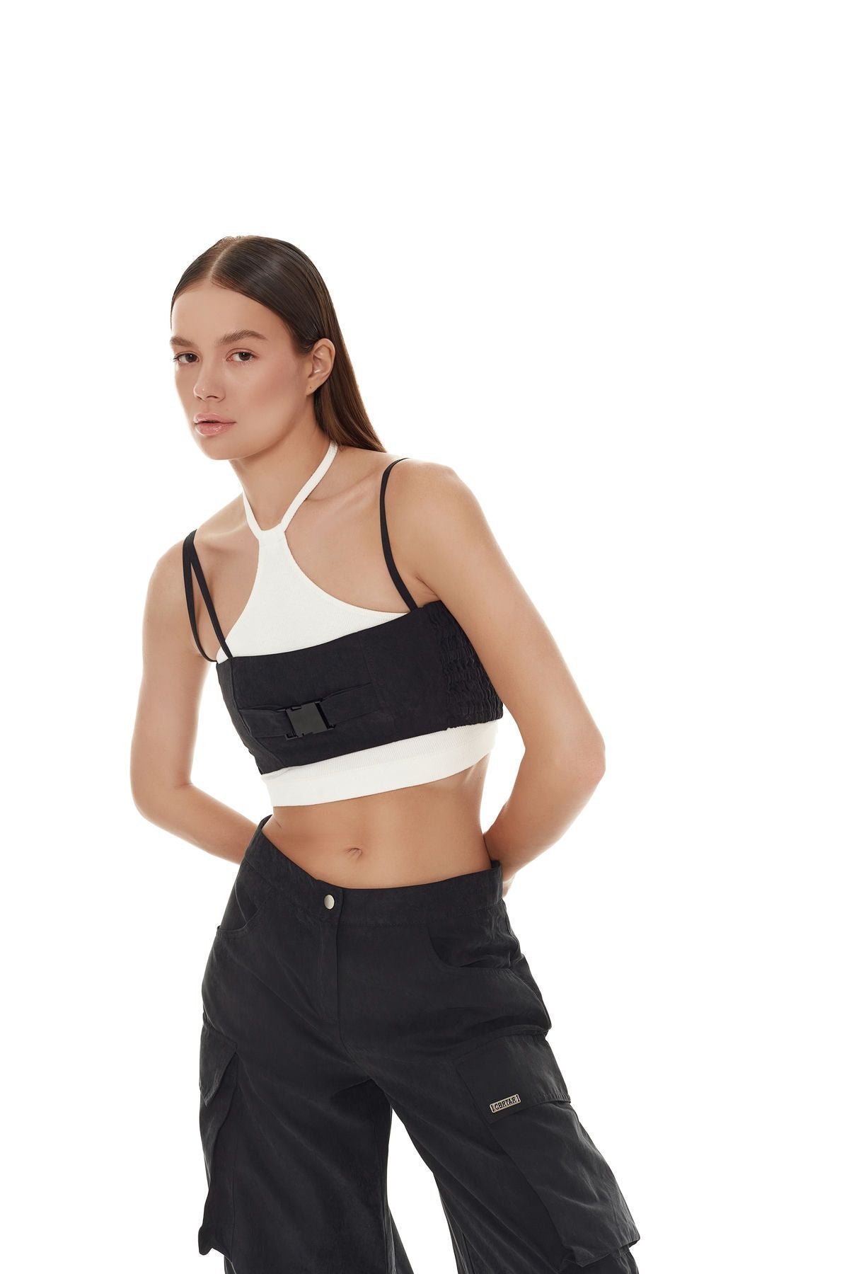 Elegant black top with refined contrasting detailing